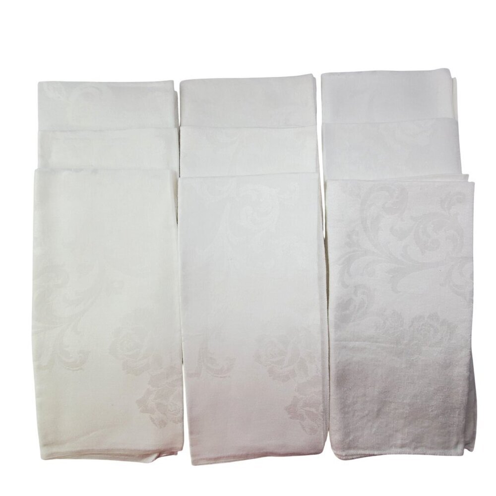 9 VTG White Damask Heirloom Rose Pattern Table Napkins 20"x20" Elegant Decor
